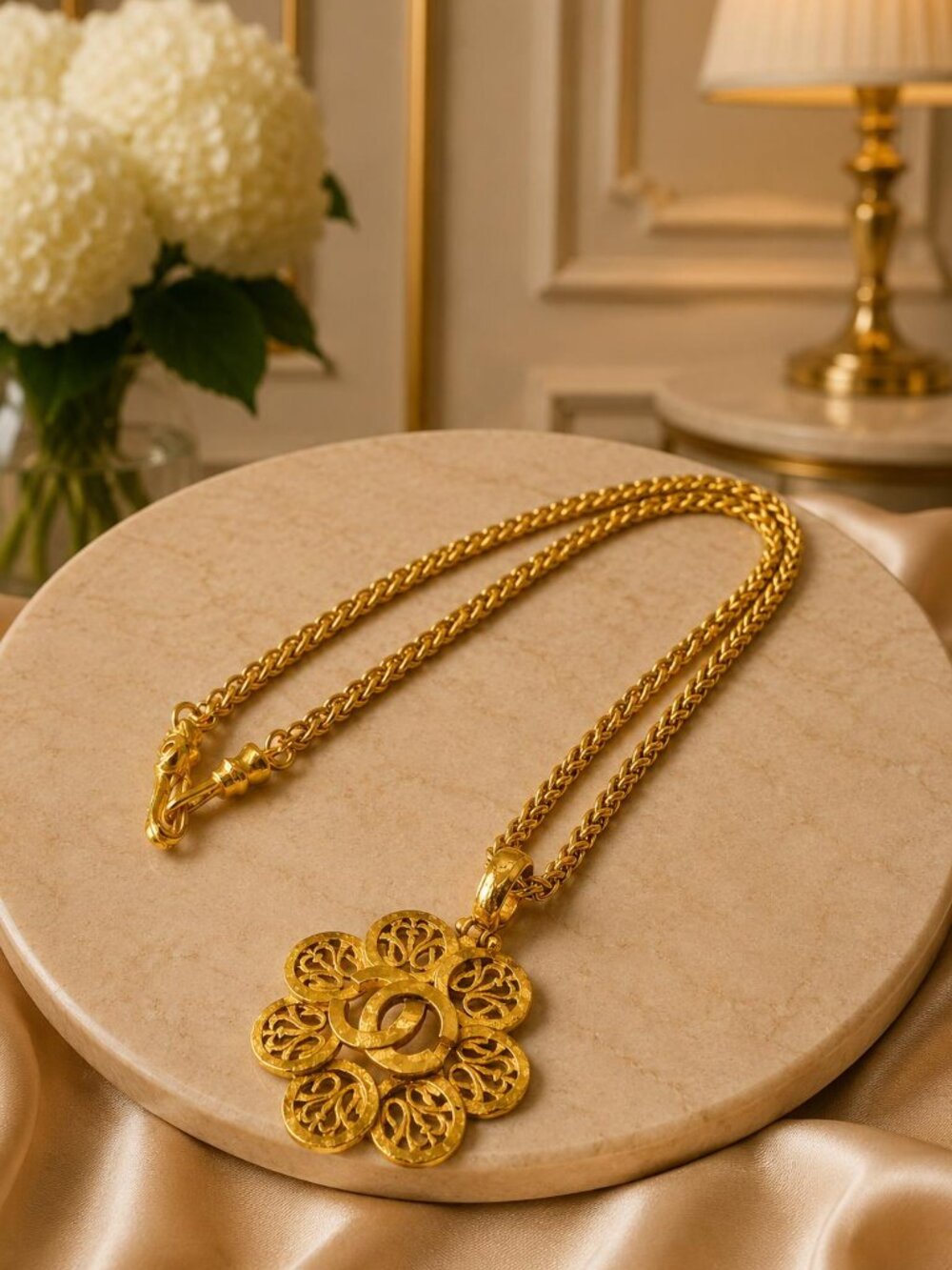 Authentic Chanel CC Camellia Gold Tone Pendant Necklace Vintage